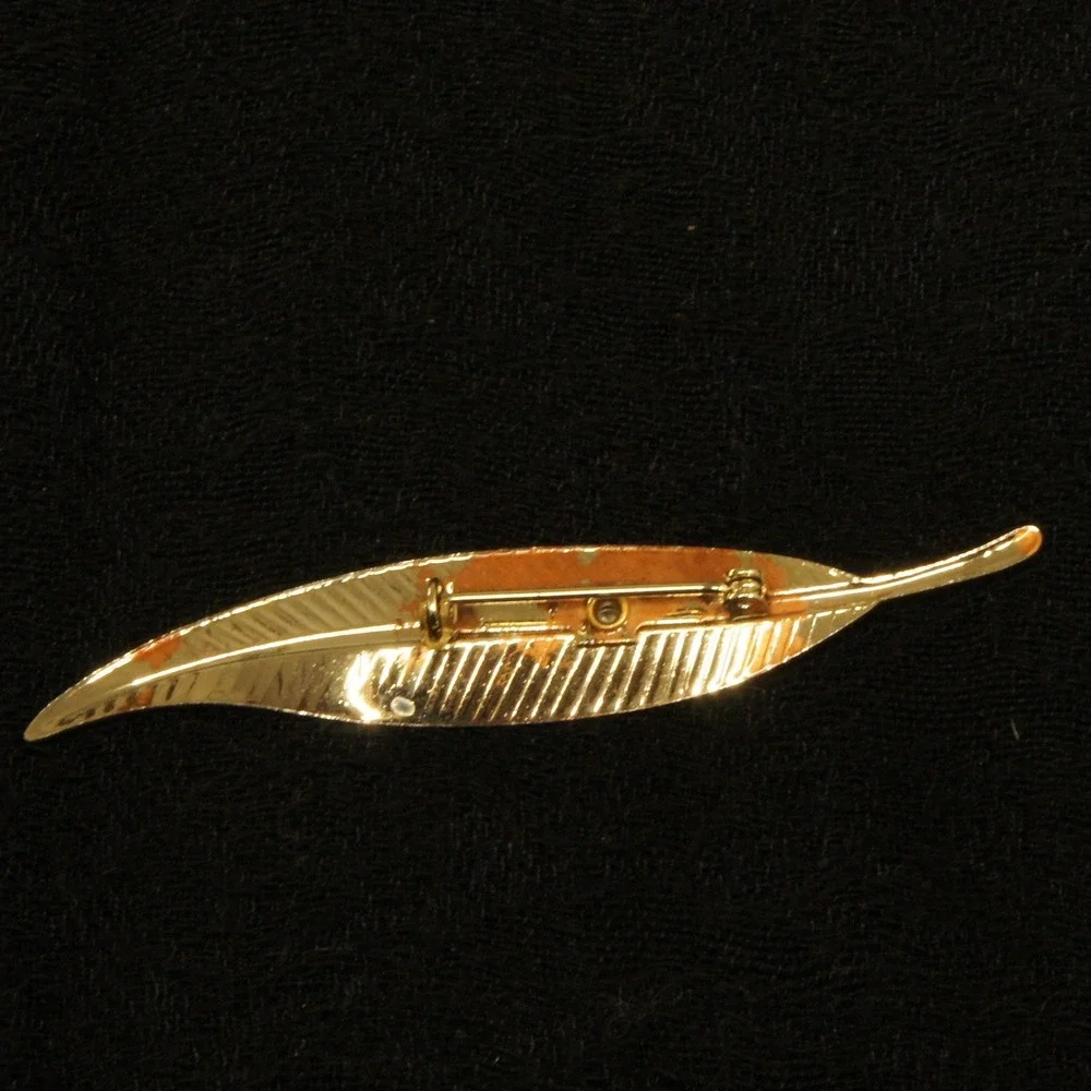 Gold Tone Leaf Brooch Long Curved Faux Pearl Accent Textured Pin Wear See Photos